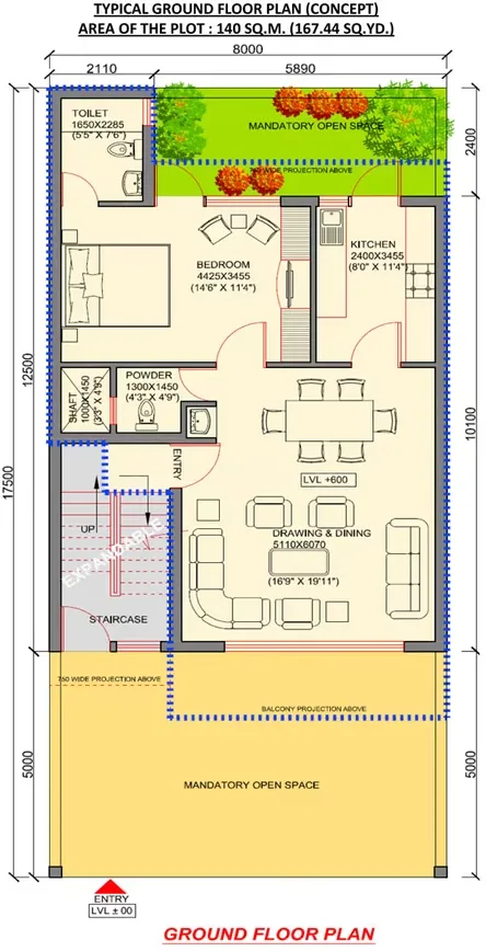 Jaypee Villa Expanza Green Crest Homes — Ground floor plan of a villa showing bedroom, kitchen, living, dining, toilets, staircase and open spaces