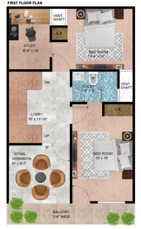 Primagic Onyx Abode — First floor plan of a villa unit with study, two bedrooms, lobby, toilet, sitting verandah and balcony.