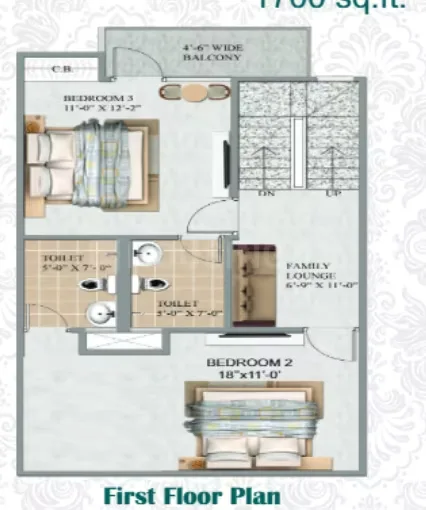 Shri Aroma Villas 2 — Floorplan of a unit showing bedroom 3, bedroom 2, two toilets, a family lounge, and a balcony.