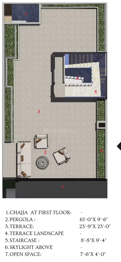 Green Villa 1 — Floor plan of a terrace with pergola, seating, and a staircase.