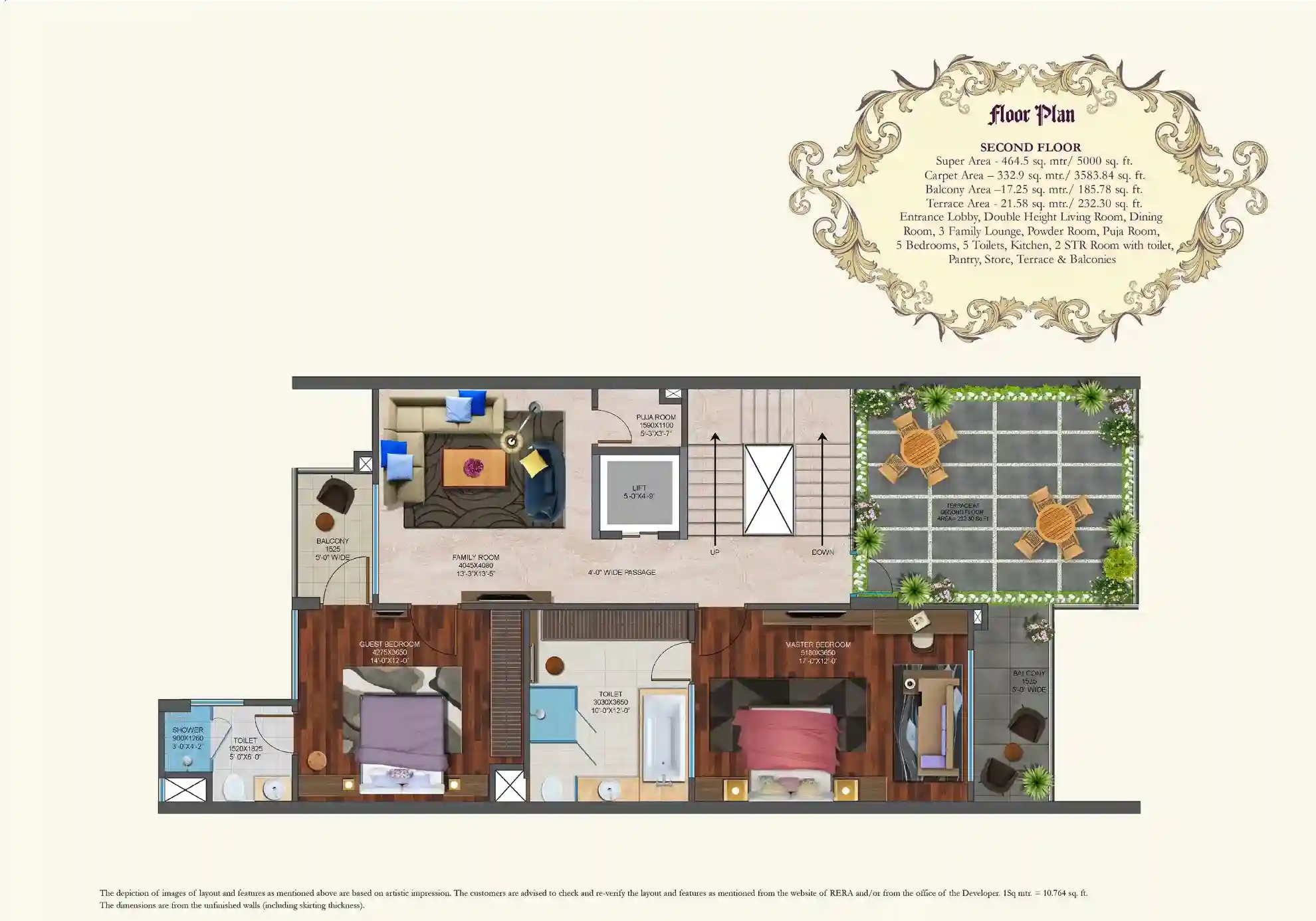 Mahagun Meadows 5000 sq ft villa second floor plan with master bedroom, guest bedroom, puja room and outdoor terrace.