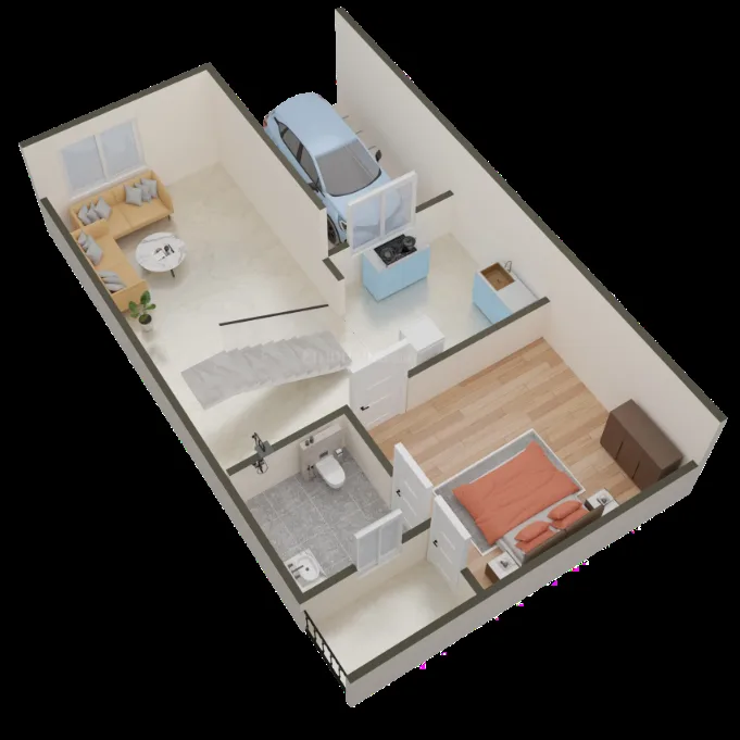 Jamston Metro Villas — 3D render of a villa floor plan, showing living room, kitchen, bedroom, bathroom, staircase, and car park.