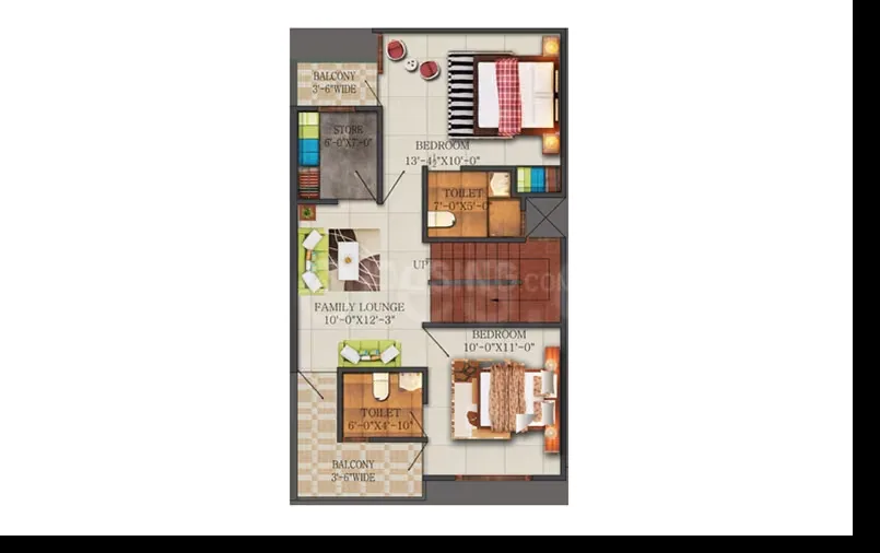 Real Homez Green Villa 2 — Floor plan showing two bedrooms, two toilets, a family lounge, store, and two balconies.