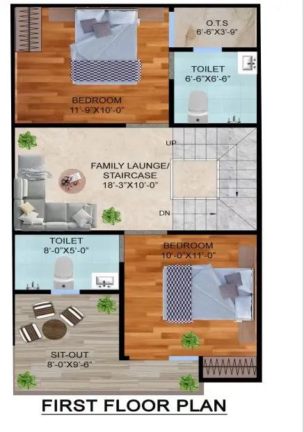 Arsh Green Villa 2 — First floor plan with bedrooms, toilets, family lounge/staircase, and sit-out area with dimensions.