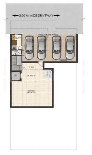 Sunrise Suntwilight Recreational Phase 1 — Floorplan showing a wide driveway, a large parking area for four cars, a utility room, staircase and a stilt area.