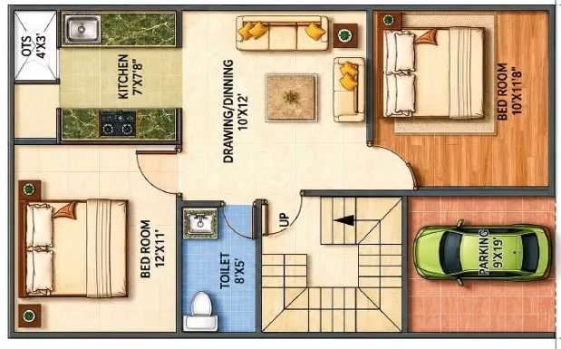 Aalyam Upvan Villas — Floor plan of a residential unit showing two bedrooms, kitchen, drawing/dining area, toilet, parking, and OTS.