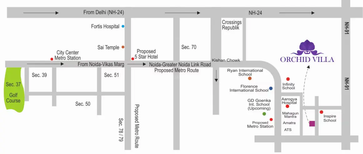 Krishna Orchid Villas location map with NH-24, proposed metro, schools and hospitals
