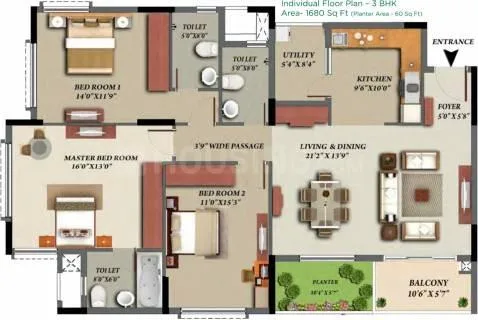 Shivi Grand Avenue Villa — Floor plan for a 3 BHK unit with dimensions for rooms including master bedroom, living and dining, kitchen, and balcony.