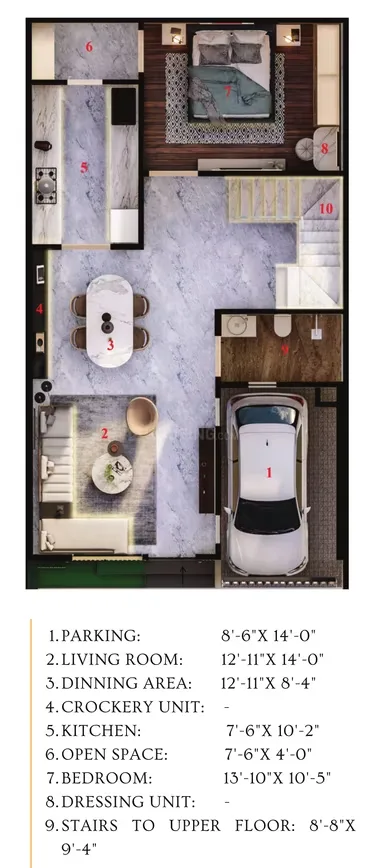 Green Villa 1 — Detailed floor plan with labels for different rooms including parking, living room, dining area, kitchen, bedroom, and open space, along with their dimensions.