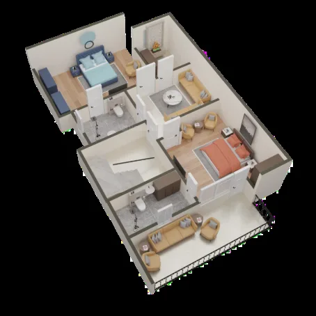 Divine Villas — 3D floor plan rendering of a residential unit showing multiple rooms with furniture including bedrooms, living areas, and bathrooms.