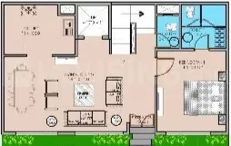 Ajnara Sports City Villas — Floorplan drawing showing living, dining, kitchen, and a bedroom with attached bathroom and separate toilet.
