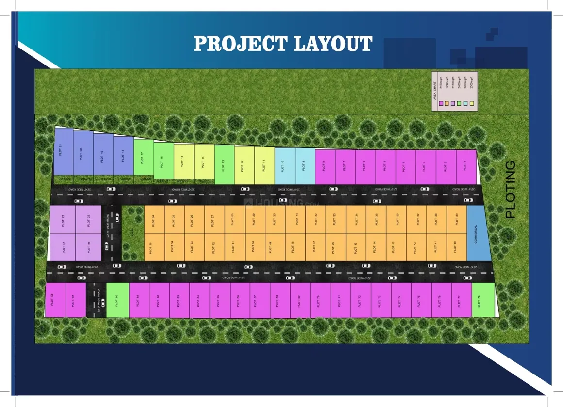 Satya Villa — Site plan of a residential villa project with plots of varying sizes and colors, roads, and green spaces.