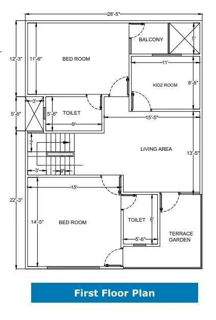 Kingson Green Villa 2 — A floor plan showing the layout of a first floor with two bedrooms, a kid's room, living area, two toilets, a balcony, and a terrace garden.