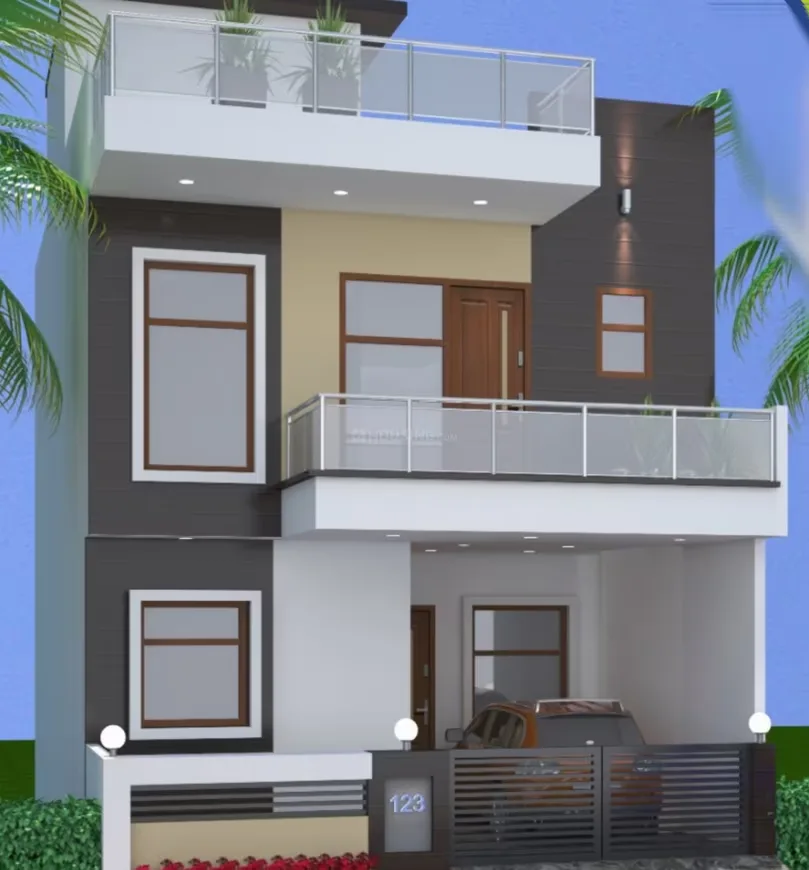 AB Crimson Villa — Render of a modern three-story Indian residential villa with balconies, a carport, and a dark gray and beige exterior.