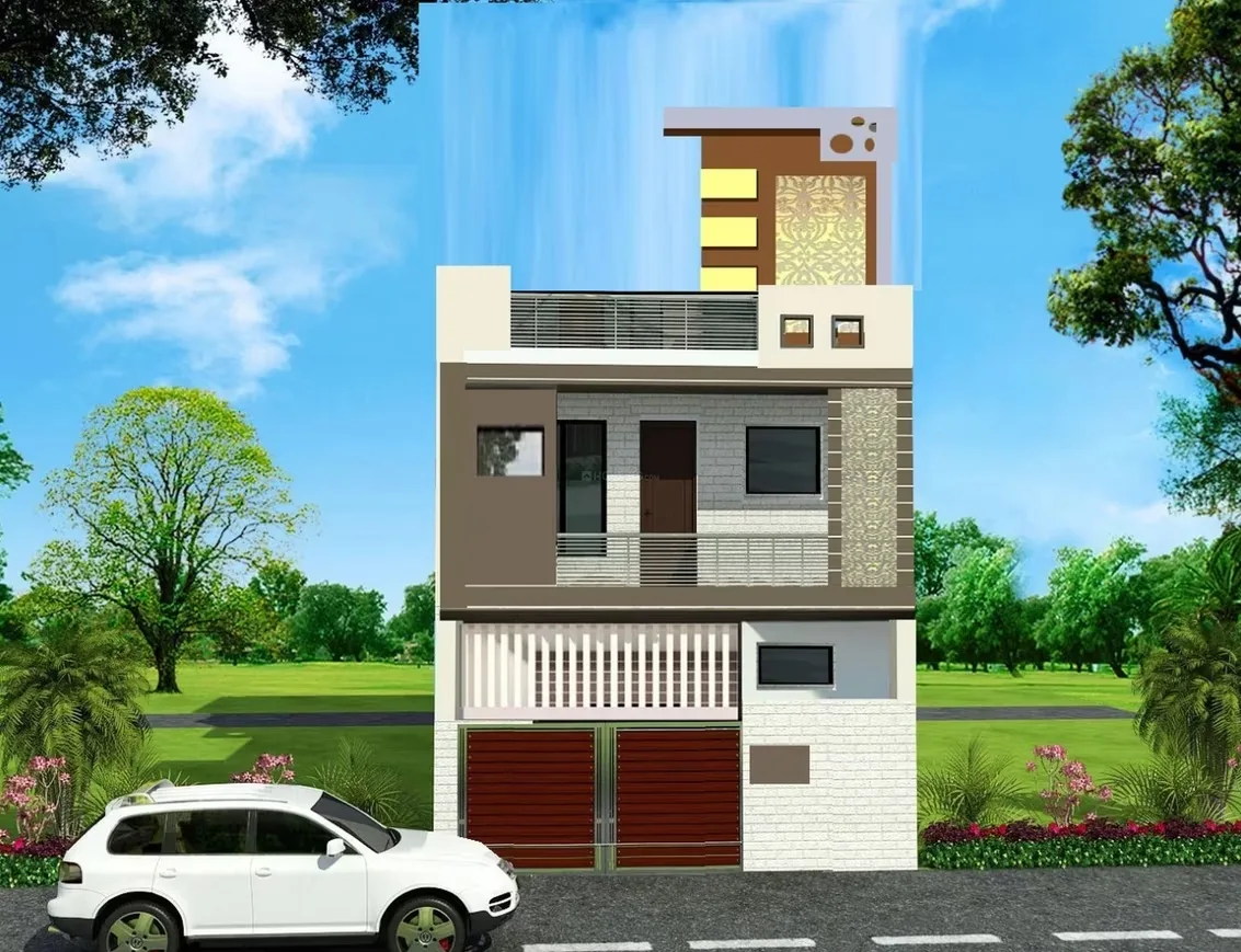 Sanskriti Garden Villas — A modern, narrow 3-story residential villa render with a brown garage gate, balconies, and decorative facade elements. A white car is parked in front on a road with green tre