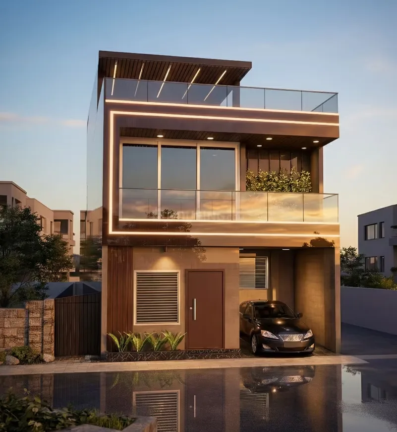 Root2Home Samridhhi Villas — Front render of a modern villa with car parking, balconies with glass railings, and linear lighting accents.