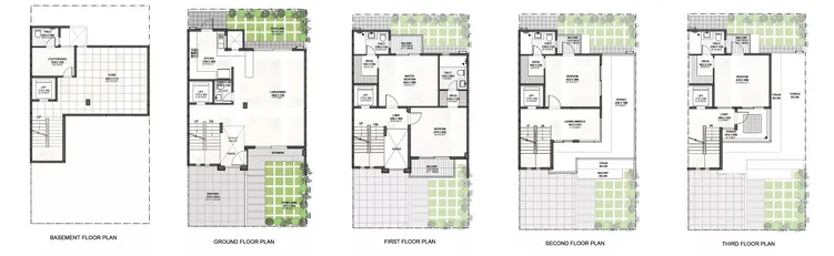 Godrej Evoke Villa Type B floor plans across basement, ground, first, second and third floors.
