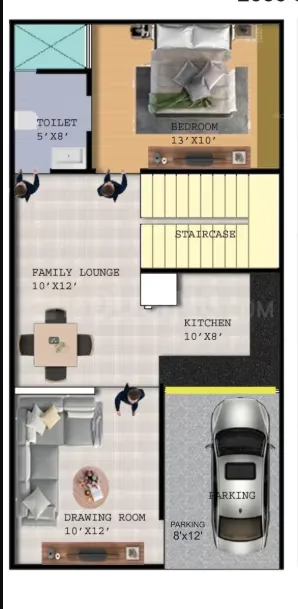 Rohit Tulsi Vatika Royal Villas — Floor plan of a residential unit showing a bedroom, toilet, family lounge, staircase, kitchen, drawing room, and parking.