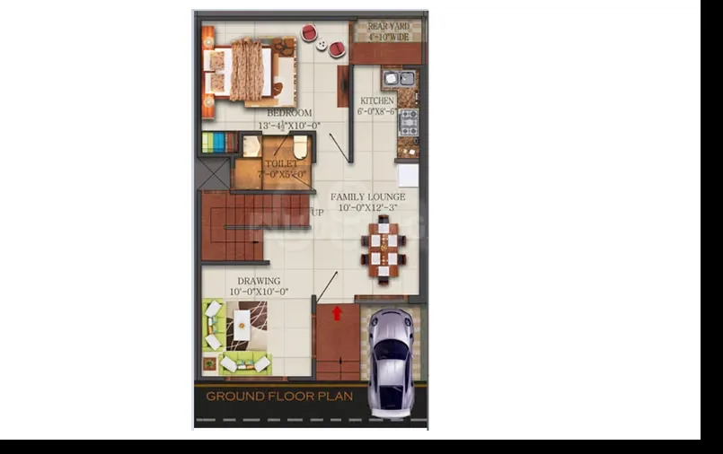Real Homez Green Villa 2 — Floor plan of a residential unit showing a bedroom, toilet, kitchen, family lounge, drawing room, and car parking.