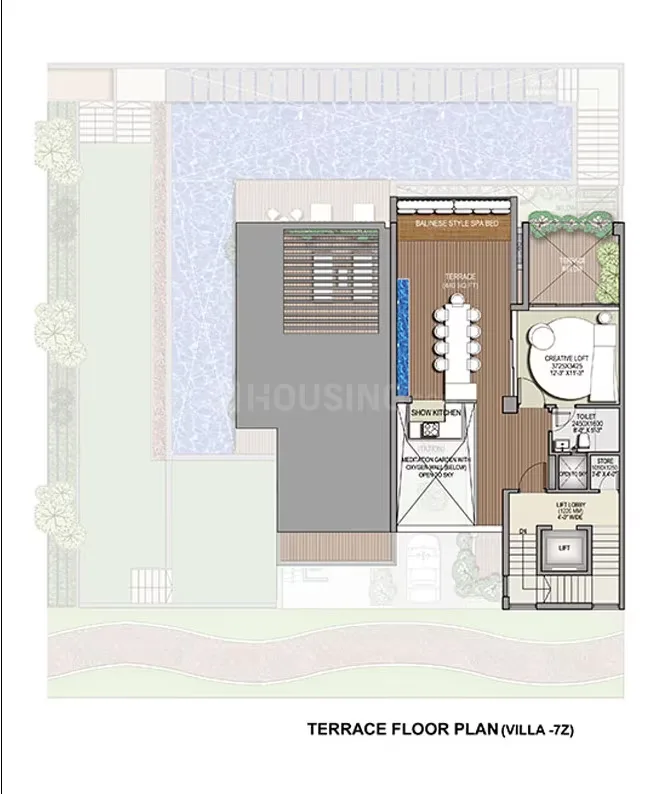 Rise Resort Residence Villa — Terrace floor plan drawing for Villa-7Z showing a swimming pool, terrace, show kitchen, creative loft, toilet, store, lift lobby, and lift.