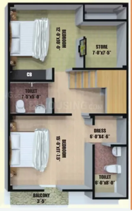 AKJ Real Infra Novel Valley — Floor plan of a unit with two bedrooms, two toilets, a store room, and a balcony.