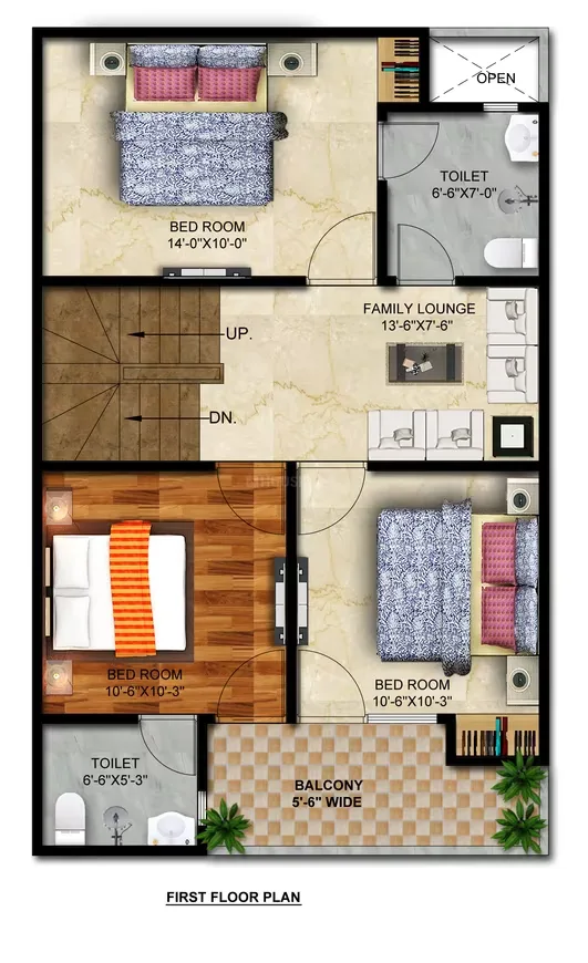 THV Vihaan Villa — First floor plan of a villa showing 3 bedrooms, 2 toilets, family lounge and a balcony.