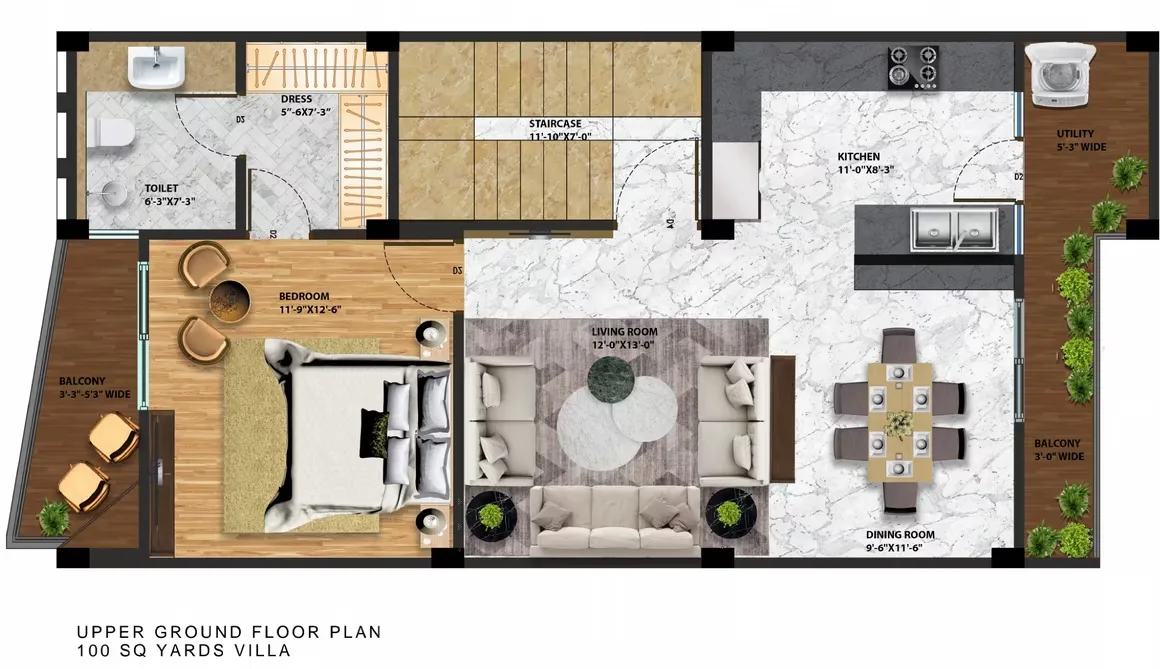 Escon Panache Villas — Upper ground floor plan of a 100 square yards villa, showing a living room, dining room, kitchen, bedroom, toilet, dress, staircase, utility, and two balconies.
