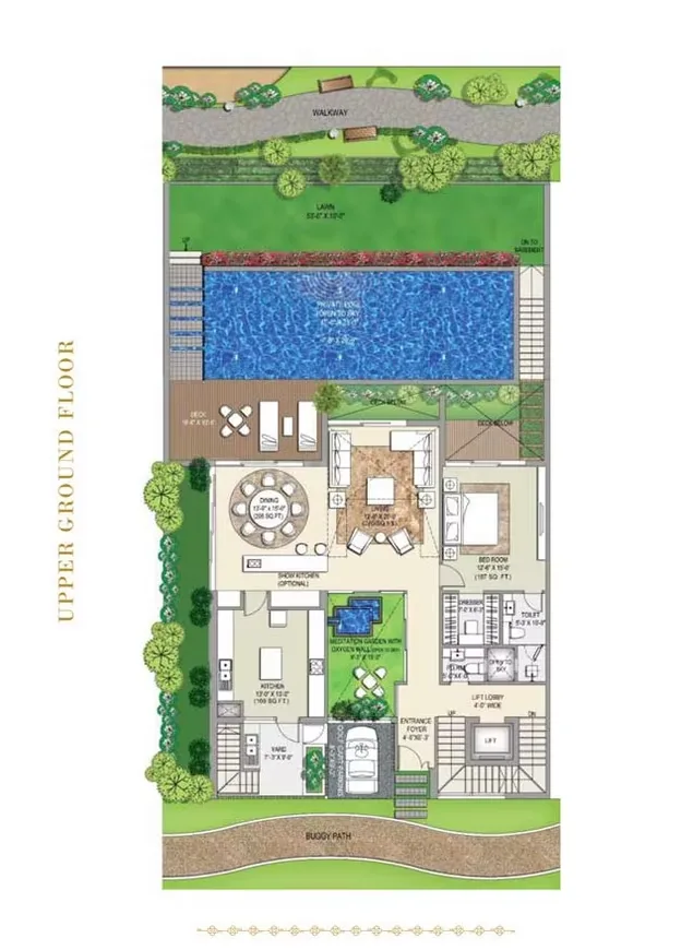 Rise Resort Residence Villa — Floorplan for upper ground floor of a villa, showing rooms, pool, and garden.
