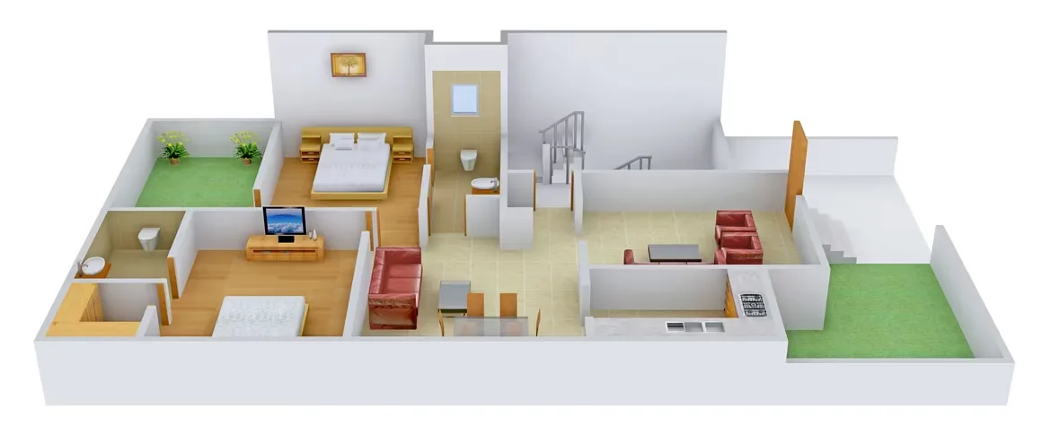 Supertech Holiday Village — 3D rendered floor plan showing a bedroom, living room, dining area, kitchen, bathroom, and stairs on a single level.