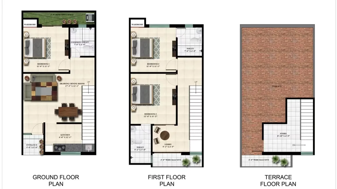 T3S Lavish Greens Villas — Floor plans for a residential unit, showing ground, first, and terrace levels with rooms labelled.