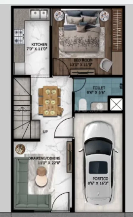 Paradise Krishna Vatika Luxurious Villas — Floor plan rendering showing a kitchen, bedroom, toilet, drawing/dining area, and a portico for parking.