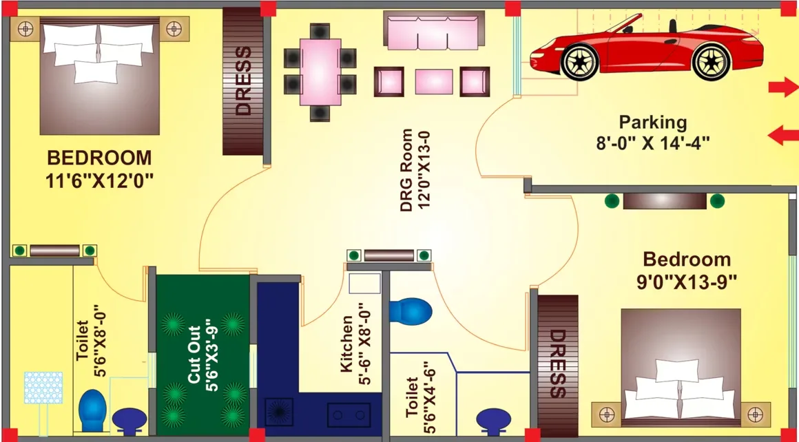 Sanskriti Garden Villas — Floorplan with two bedrooms, two toilets, a kitchen, a living/dining room, a cut out, and parking.