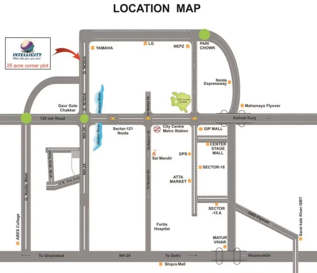 Intellicity Phase I — Location map showing major roads, landmarks, and the 'INTELLICITY' project location in Noida.