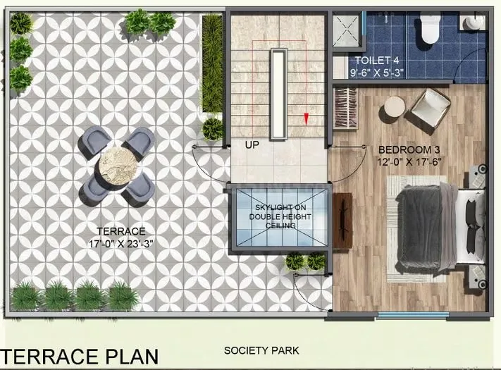 Rohin City Site Villa — Floorplan illustrating a terrace, bedroom, and bathroom layout with dimensions and a skylight feature.
