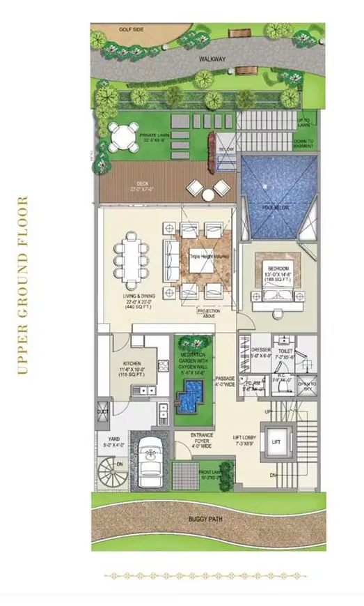 Rise Resort Residence Villa — Floor plan for the upper ground floor of a villa, featuring a private lawn, deck, pool, living and dining area, kitchen, bedroom, and an entrance foyer leading to a buggy