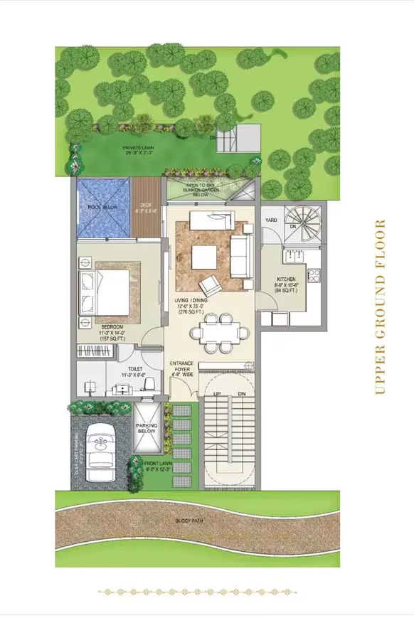 Rise Resort Residence Villa — Upper ground floor plan of a residential unit showing living/dining, kitchen, bedroom, toilet, parking, and lawn areas.