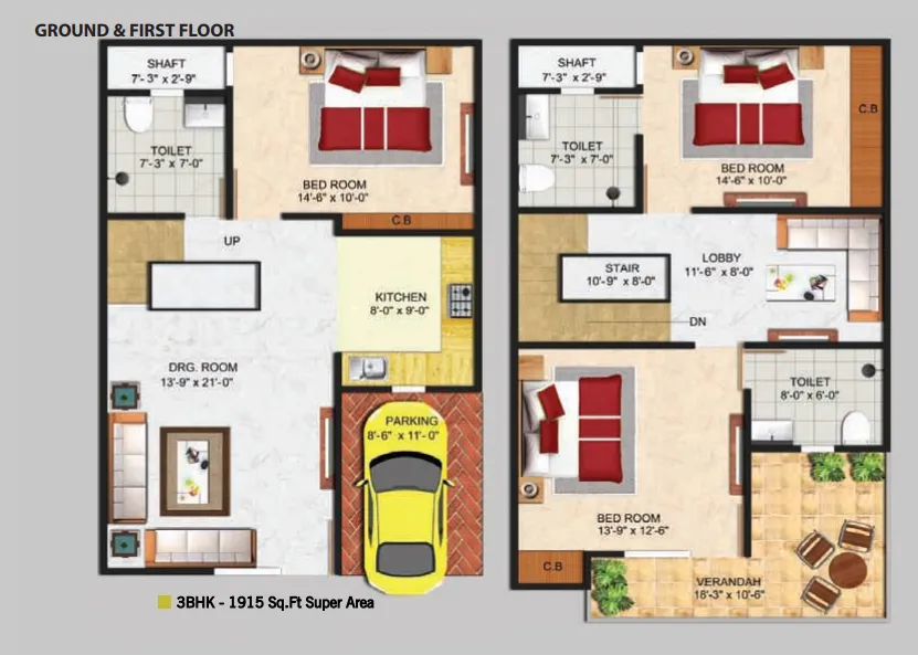 Sindhuja Greens 3 BHK 1915 sq ft villa floor plan across ground and first floor