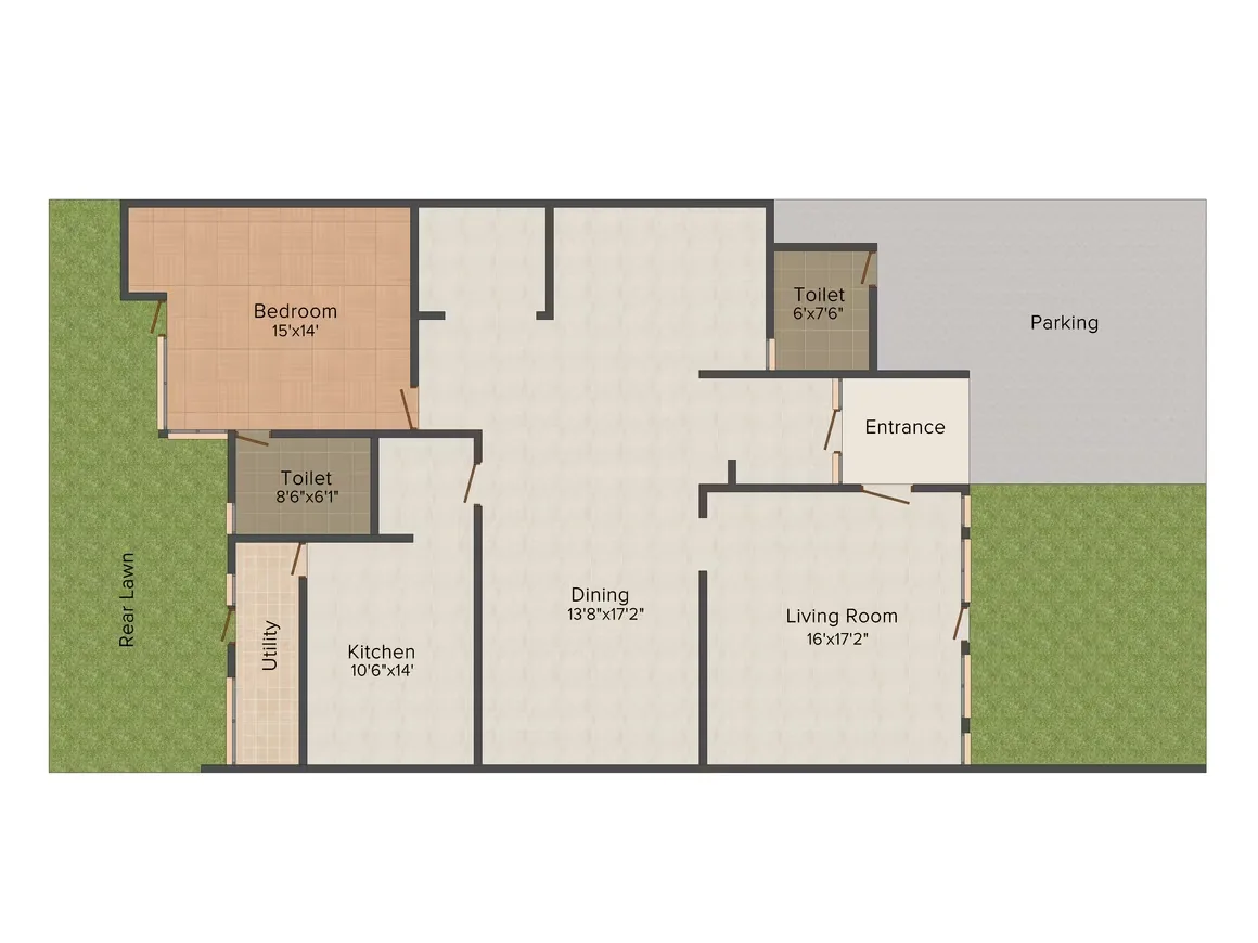 Aadhar Dew Drops Villas — Floor plan showing bedroom, two toilets, utility, kitchen, dining room, living room, entrance, parking and rear lawn.