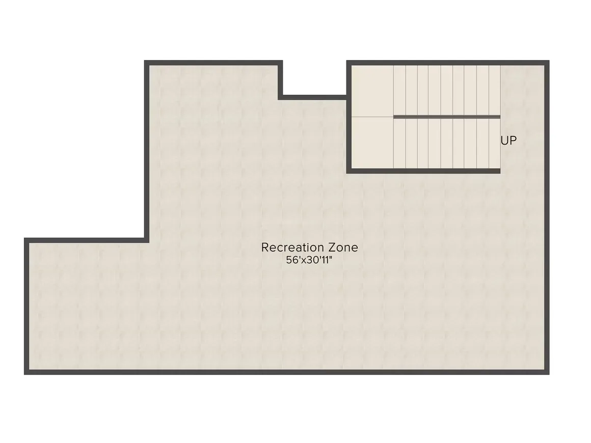 Supertech Holiday Village — Floor plan showing a recreation zone sized 56'x30'11" and a staircase labeled UP