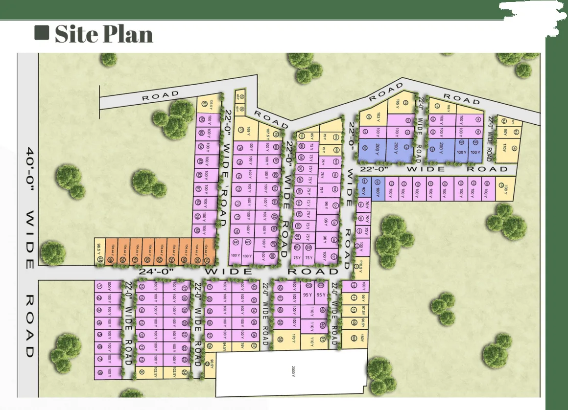 Dream Green Villa 1 — Site plan showing plot layout with various roads like 40-0" Wide Road, 24-0" Wide Road, and 22-0" Wide Road.
