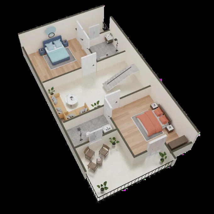 Jamston Metro Villas — A 3D render of a two-story residential floor plan with two bedrooms, living area, and balcony.