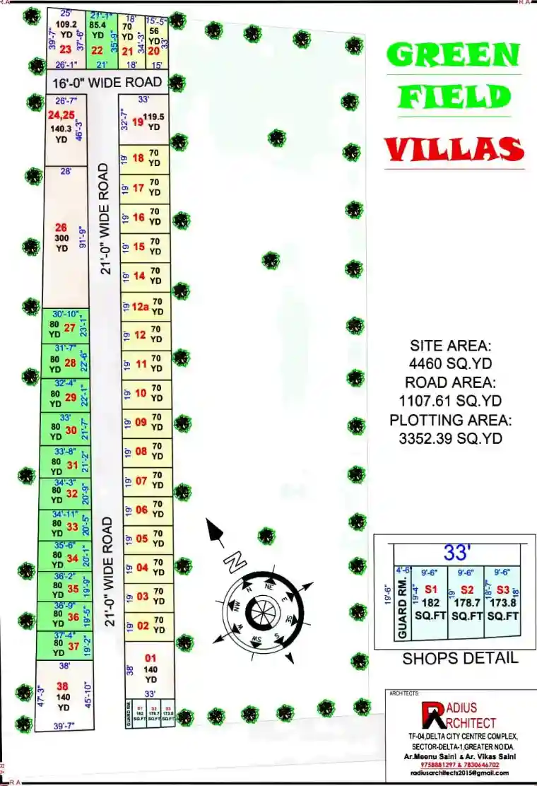 Balaji Green Villas plot layout drawing by Radius Architect with 38 plots and shop strip