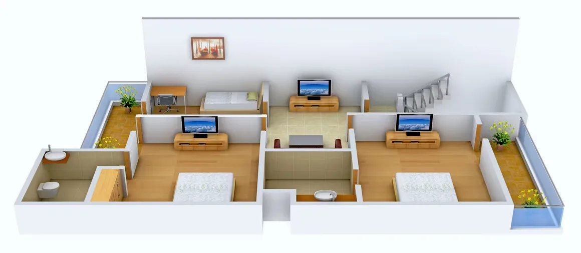 Supertech Holiday Village — 3D floor plan rendering of a two-story residential unit showing multiple rooms and a staircase.