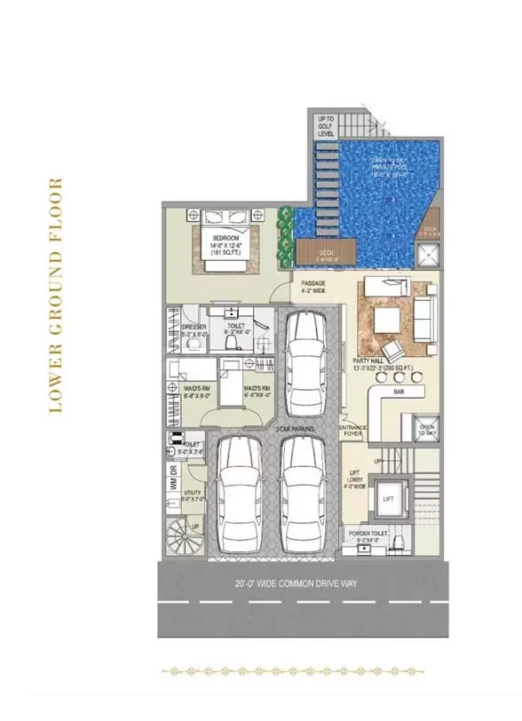 Rise Resort Residence Villa — Lower ground floor plan featuring a bedroom, party hall, private pool, and 2-car parking.