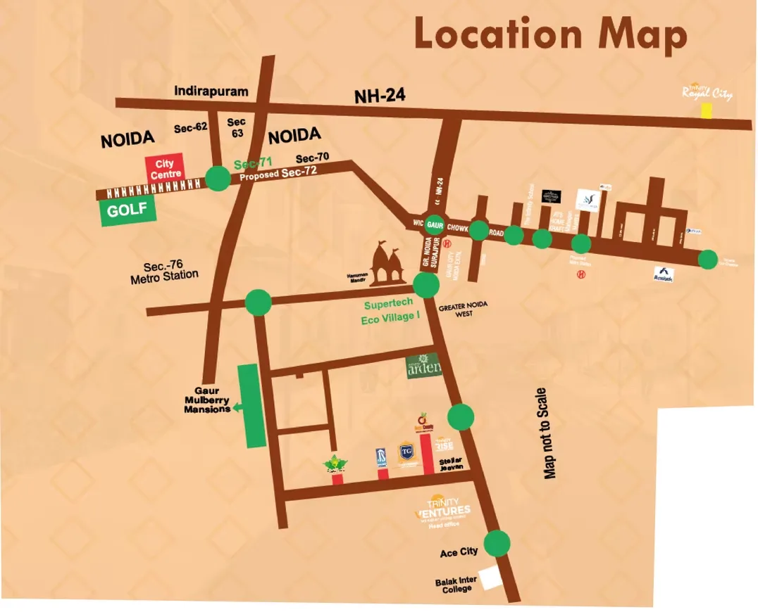 Aarohi Villa — Location map showing roads, sectors, and landmarks in Noida, Greater Noida, and Indirapuram.
