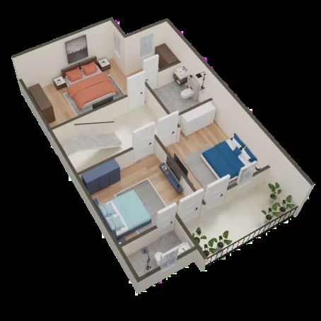Rexman Divine Luxury Prime Villa — 3D render of a residential floor plan showing three bedrooms, two bathrooms, and a balcony