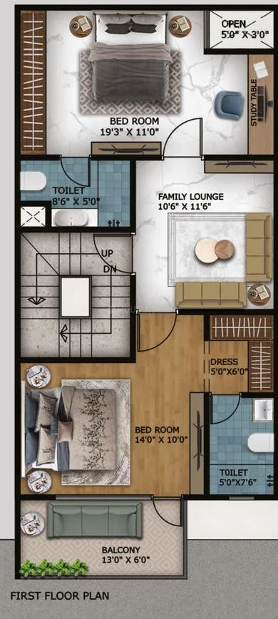 Ashoka Raj Villas — First floor plan of a villa showing two bedrooms, family lounge, toilets, balcony, dress area and study table