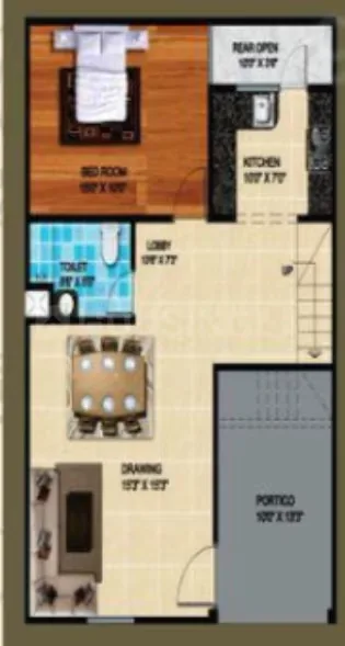 AKJ Real Infra Novel Valley — Floor plan rendering showing a bedroom, kitchen, toilet, lobby, drawing room, and portico