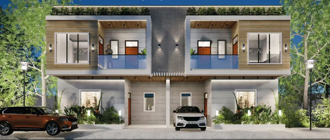 Aarohi Villa — Rendered image of a modern two-story duplex villa with cars parked in front, trees, and outdoor lighting at night.