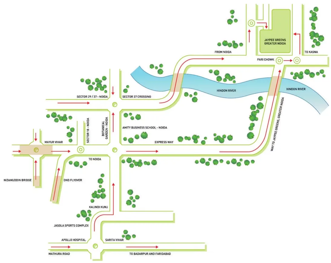 Jaypee Greens Villas — Location map showing roads, rivers, and landmarks around Jaypee Greens Greater Noida, Noida, and Faridabad.